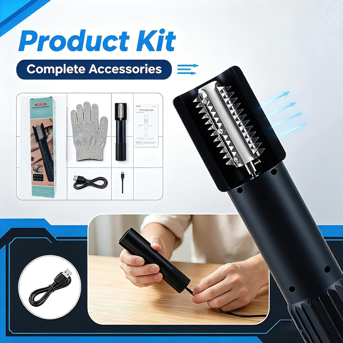 Supplied electric fish scaler kit and charging cable