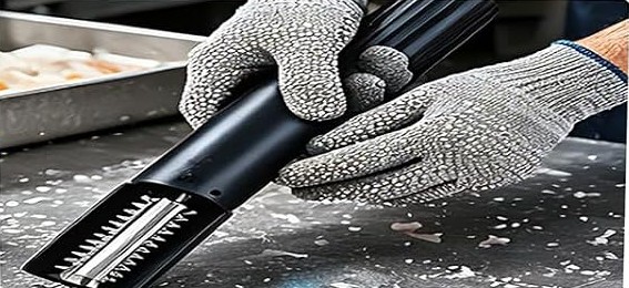 Gloved hands holding the black fish scaler away from the scaling teeth
