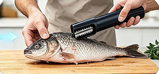 Fish positioned on a board with the scaler held in the other hand